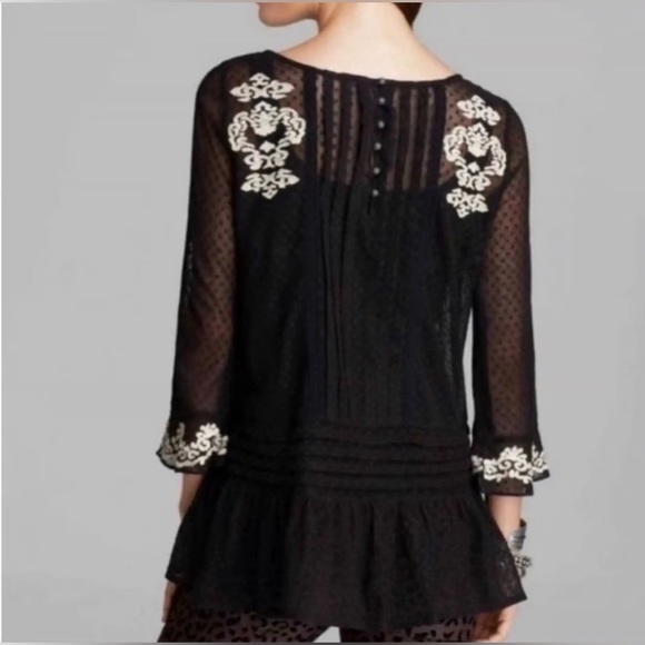 Free People Women's Black Jocelyn Pleated Dot Ruffle Lace Tunic Size medium M - Picture 2 of 9